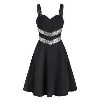 

Buckle Strap Chevron Sequins Mini Cami Dress, Black