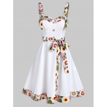 Floral Trim Mock Button Sleeveless Flare Dress, White