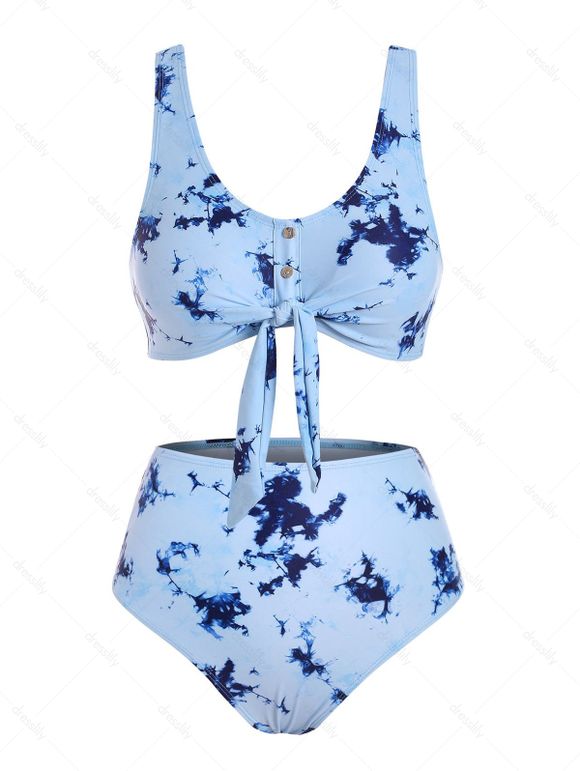 Tie Dye Bikini Swimwear Tummy Control Swimsuit Mock Button Tied Front Beach Bathing Suit - PASTEL BLUE XL