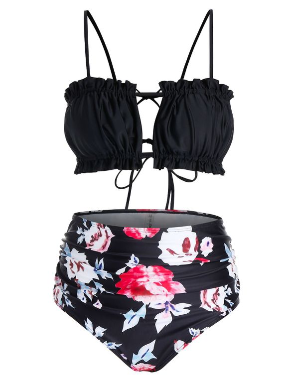 Maillot de Bain Bikini Fleuri Imprimé à Taille Haute de Grande Taille à Volants - Noir 4X