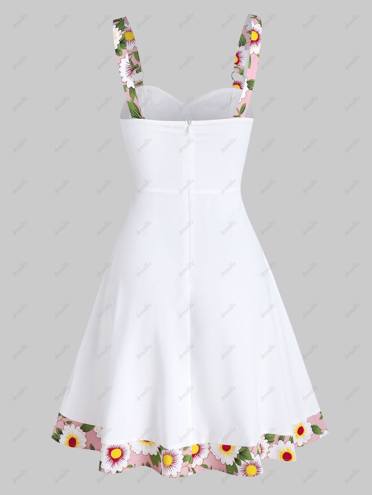 Robe Evasée Boutonnée à Ourlet Fleuri sans Manches - Blanc L