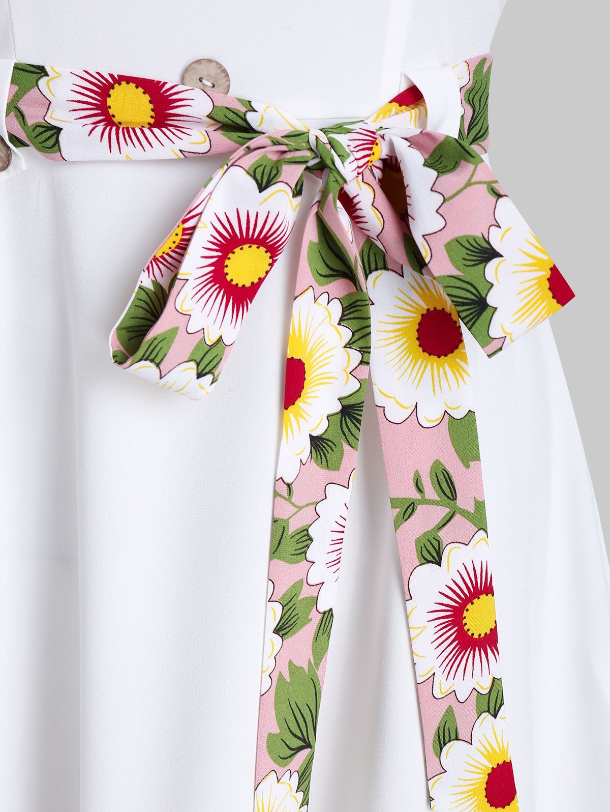 Robe Evasée Boutonnée à Ourlet Fleuri sans Manches - Blanc L