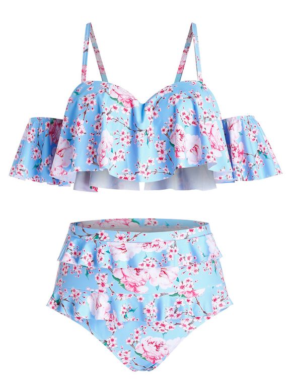 Plus Size Cold Shoulder Tiny Flower Ruffled Tankini Swimwear - DAY SKY BLUE 2X