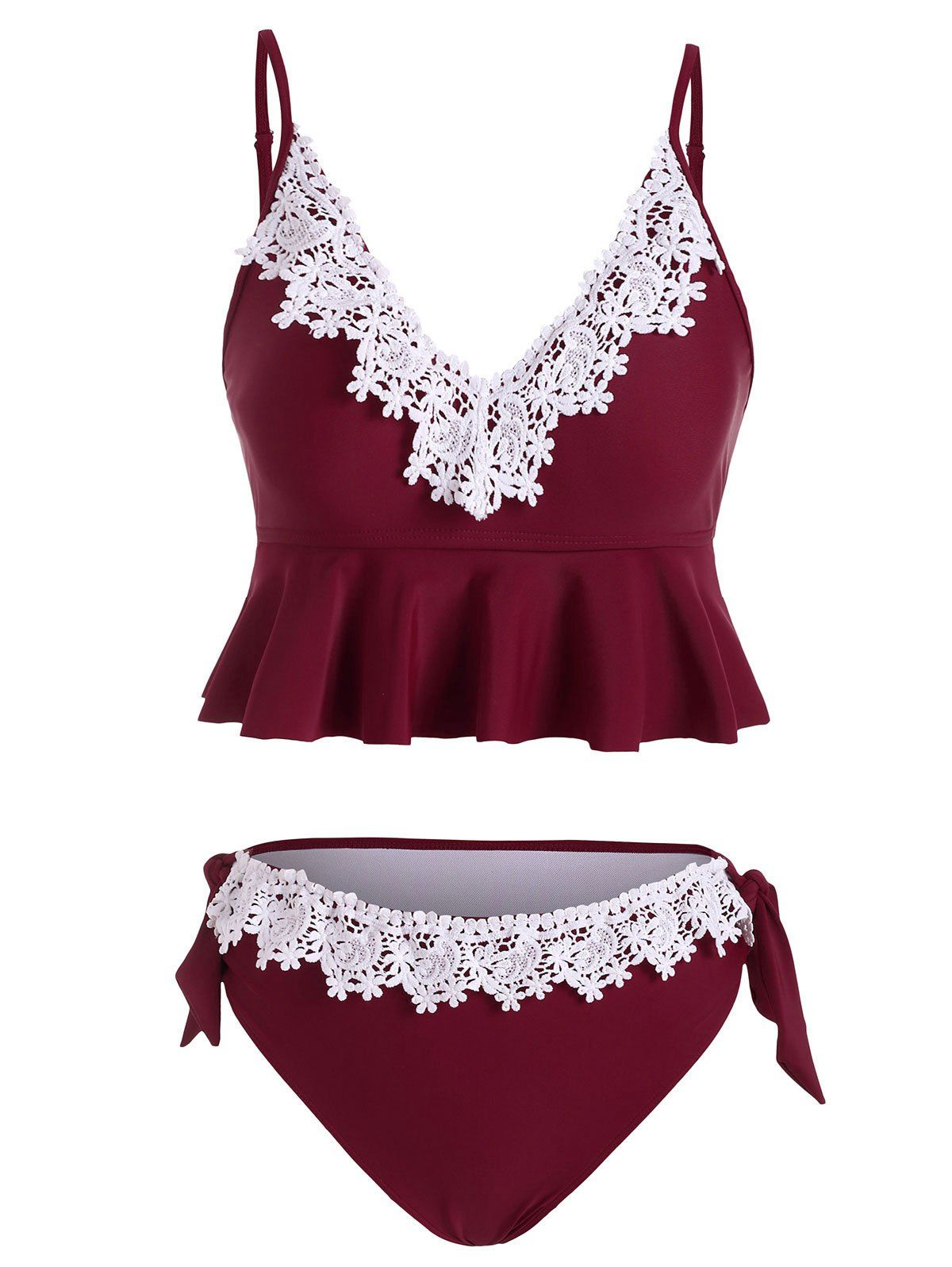 Floral Lace Panel Swimsuit Crochet Knotted Ruffle Plunging Neck Tankini Swimwear - RED WINE S