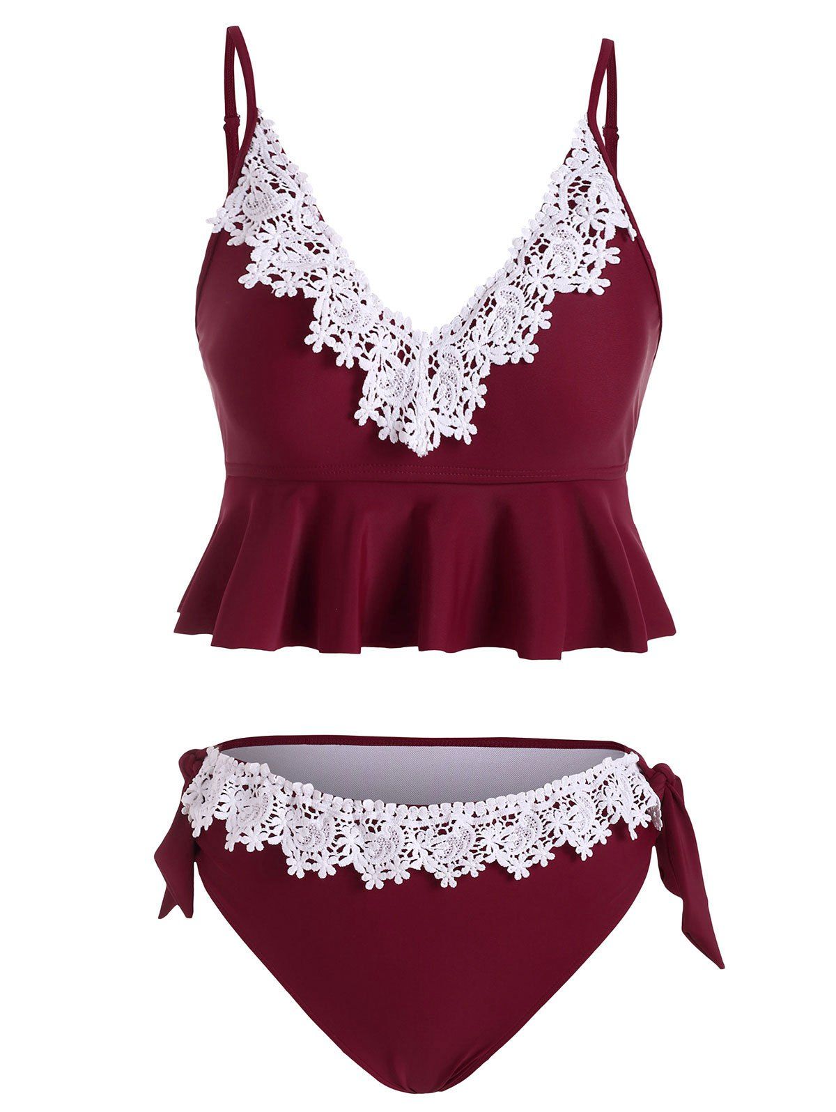 [26% OFF] 2021 Lace Panel Knotted Tankini Swimwear In RED WINE | DressLily