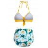 Floral Print Knotted Halter Bikini Swimwear - YELLOW S
