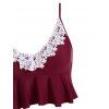 Floral Lace Panel Swimsuit Crochet Knotted Ruffle Plunging Neck Tankini Swimwear - RED WINE S