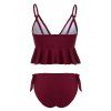 Floral Lace Panel Swimsuit Crochet Knotted Ruffle Plunging Neck Tankini Swimwear - RED WINE S