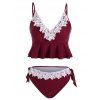 Floral Lace Panel Swimsuit Crochet Knotted Ruffle Plunging Neck Tankini Swimwear - RED WINE L