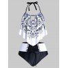 Maillot de Bain Tankini Imprimé à Taille Haute de Grande Taille à Col Halter avec Trou de Serrure - Noir 3X