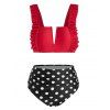 Maillot de Bain Tankini Cranté à Pois Imprimé de Grande Taille à Col V - Rouge Cerise 4X