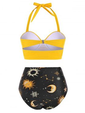 Push Up Astrology Sun Stars Moon Print Halter Tankini Swimwear