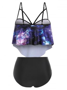Flounce Push Up Lace-up Galaxy Print Tankini Swimwear