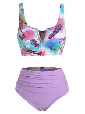 Makeup Print V-wired Ruched Reversible Tankini Set