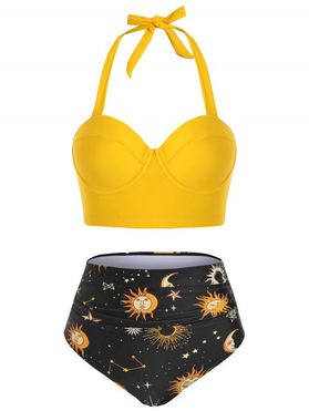 Push Up Astrology Sun Stars Moon Print Halter Tankini Swimwear