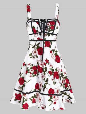 Summer Floral Sundress Lace Up Print Fit and Flare Cami A Line Dress