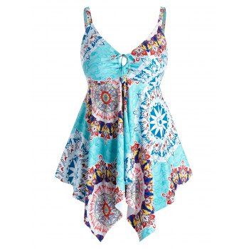 

Plus Size Flower Print Keyhole Asymmetrical Tankini Swimwear, Multicolor