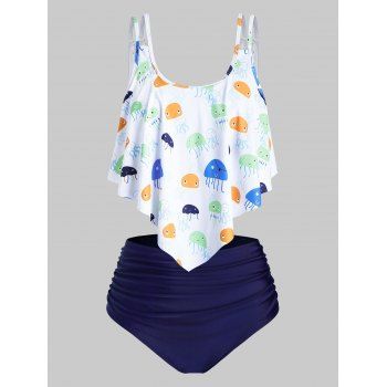 

Plus Size Jellyfish Print Overlay Ruched Tankini Swimwear, Cadetblue