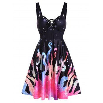 

Starry Octopus Print Lace Up Mini Cami Dress, Multicolor a