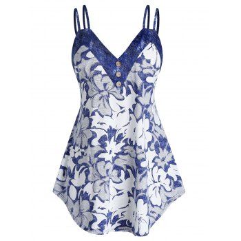 

Plus Size Floral Print Curved Tank Top, Cobalt blue