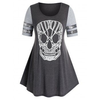 

Plus Size Lace Skull Sequin T Shirt, Ash gray