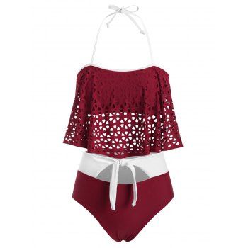 

Laser Cut Tied Contrast Tankini Swimwear, Red wine