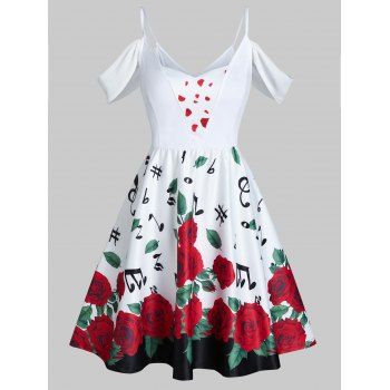 

Valentine Flowers Music Notes Print Cold Shoulder Skater Dress, White