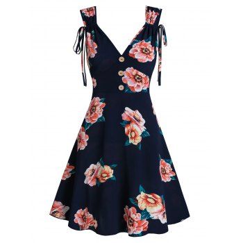 

Flower Print Sleeveless Mock Button Dress, Cadetblue
