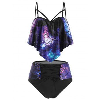 Image of Flounce Push Up Lace-up Galaxy Print Tankini Swimwear