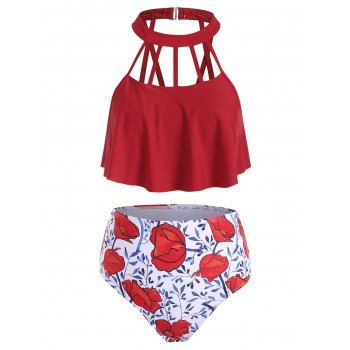 

Floral Print Cutout Overlay Tankini Swimwear, Cherry red