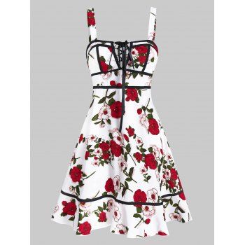 

Summer Floral Sundress Lace Up Print Fit and Flare Cami A Line Dress, White
