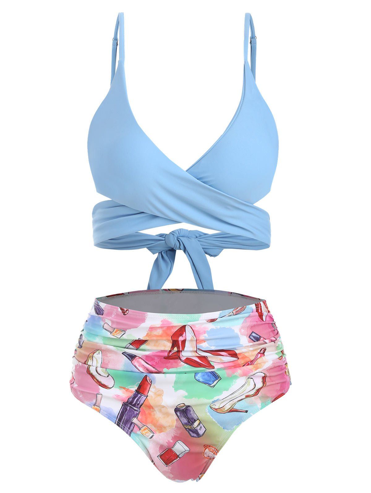 Crossover Tummy Control Swimsuit Makeup Print Wrap Bikini Swimwear Set - LIGHT SKY BLUE S