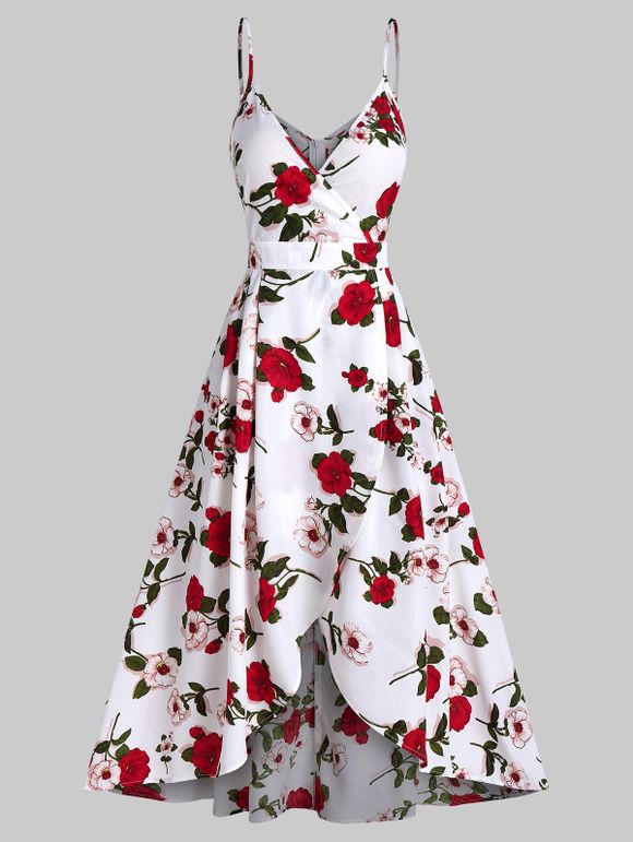 Robe Superposée Fleur Imprimée à Bretelle Fine - Rouge XL