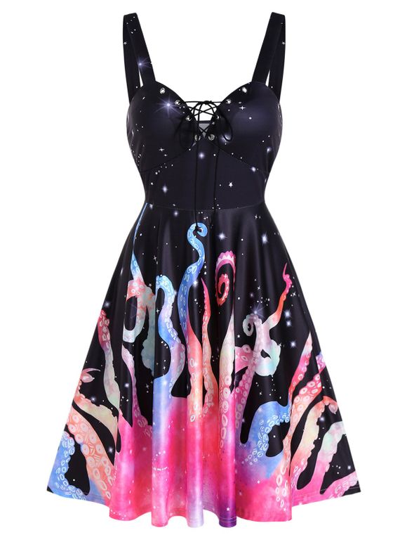 Starry Octopus Print Lace Up Mini Cami Dress - multicolor A L