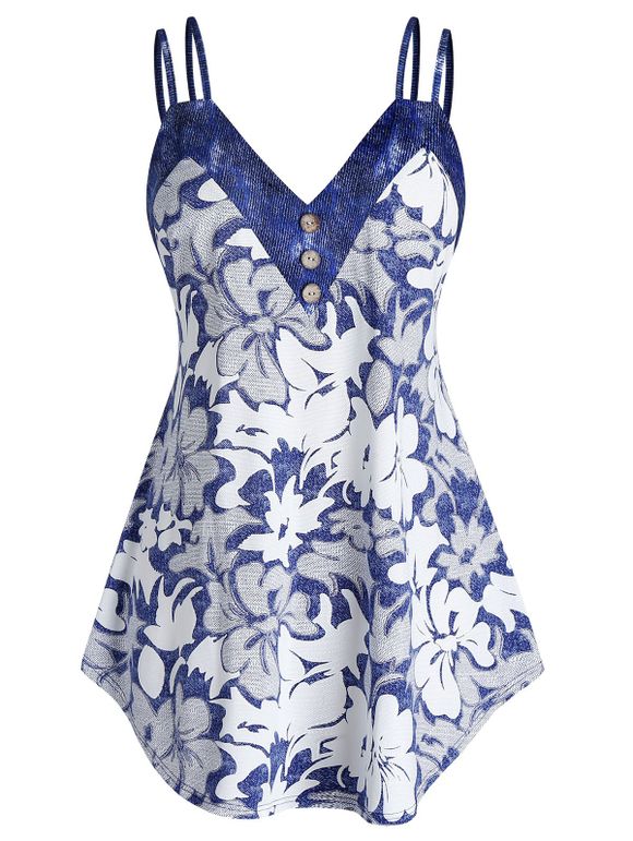 Débardeur Courbe Fleuri Imprimé de Grande Taille - Bleu Cobalt 5X