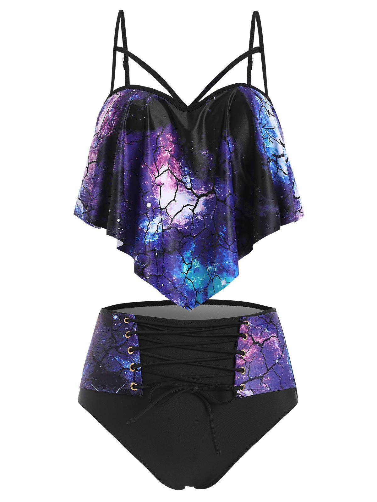 Flounce Push Up Lace-up Galaxy Print Tankini Swimwear - DENIM DARK BLUE 2XL