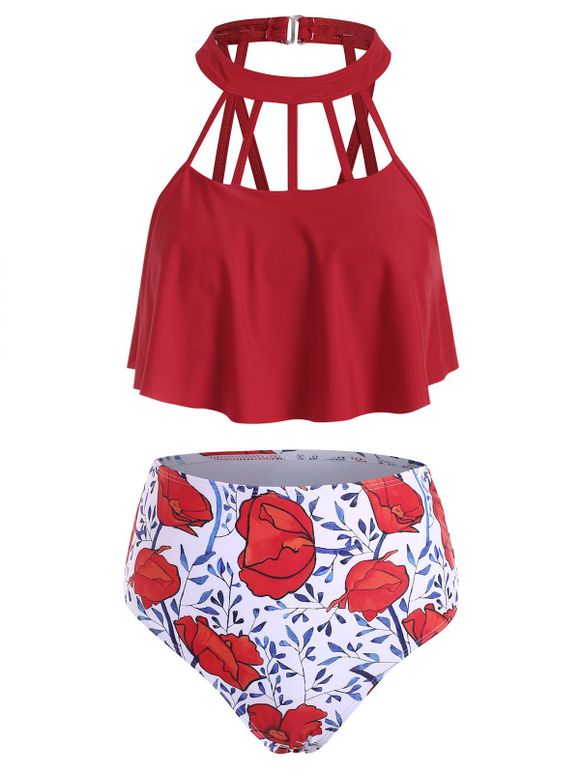 Floral Print Cutout Overlay Tankini Swimwear - CHERRY RED S