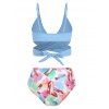 Crossover Tummy Control Swimsuit Makeup Print Wrap Bikini Swimwear Set - LIGHT SKY BLUE XL