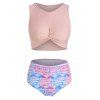 Maillot de Bain Tankini Matelassé Imprimé à Ourlet Tordu - Rose XL