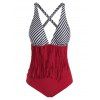Striped Fringed Criss Cross One-piece Swimsuit - CHERRY RED S