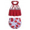 Floral Print Cutout Overlay Tankini Swimwear - CHERRY RED S