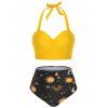 Maillot de Bain Tankini Vintage Contrôle du Ventre Lune Etoile et Soleil à Col Halter - Jaune L
