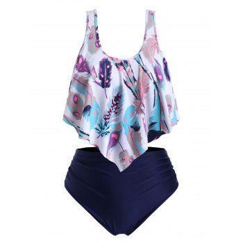 

Feather Print Flounces Ruched Strappy Plus Size Tankini Swimsuit, White
