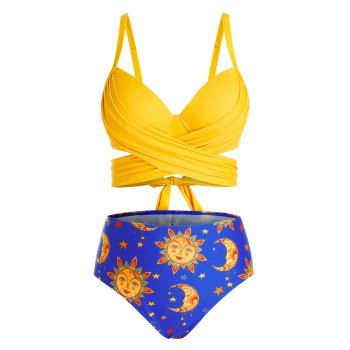 

Plus Size Moon and Sun Crossover Knot Underwire Tankini Swimwear, Bright yellow