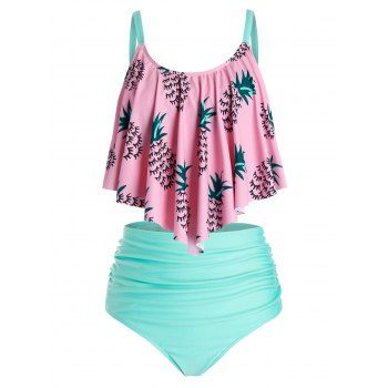 

Plus Size Pineapple Ruched High Rise Tankini Swimwear, Pink