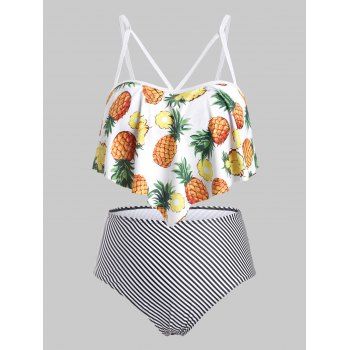 

Pineapple Stripes Strappy Flounces Plus Size Tankini Swimwear, White