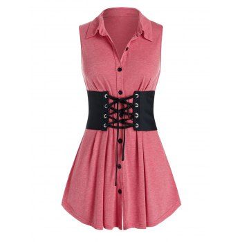 

Plus Size Button Up Swing Tank Top With Lace Up Corset Belt, Valentine red
