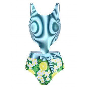 

Cutout Monokini Swimsuit Stripe Lemon One-piece Floral Swimwear, Clover green