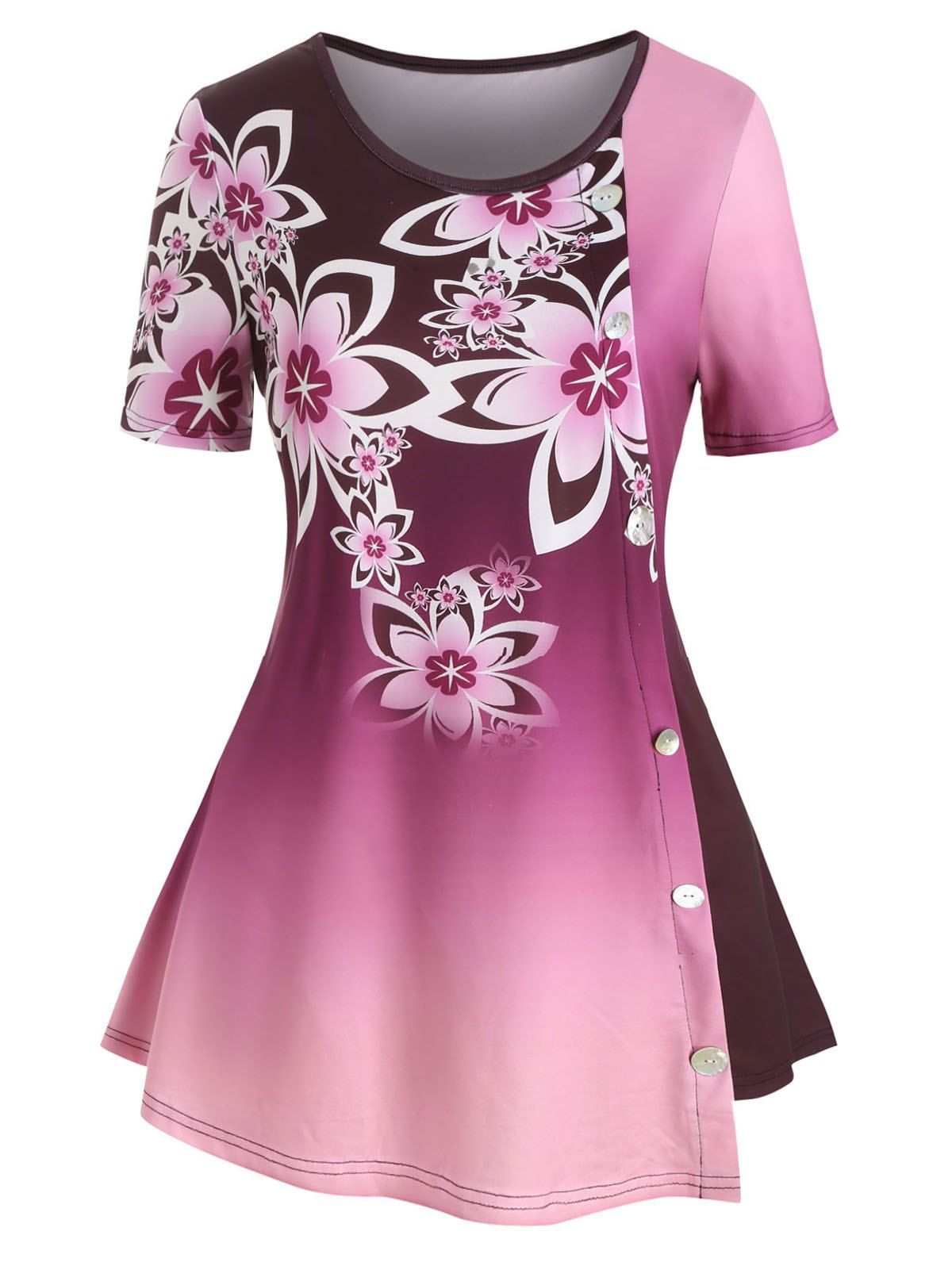 

Ombre Floral Buttons Plus Size Tunic Top, Maroon