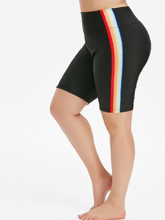 Rainbow Stripes High Waisted Plus Size Swim Shorts - BLACK 1X